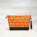 Train Ride Cats Orange XL Zipper Knitting Project Craft Bag with Detachable Leather Wrist Strap