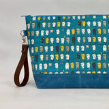 Laundry Cats Teal XL Zipper Knitting Project Craft Bag with Detachable Leather Wrist Strap