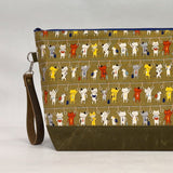Train Ride Cats Olive XL Zipper Knitting Project Craft Bag with Detachable Leather Wrist Strap