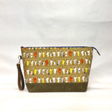 Train Ride Cats Olive XL Zipper Knitting Project Craft Bag with Detachable Leather Wrist Strap