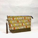 Train Ride Cats Olive XL Zipper Knitting Project Craft Bag with Detachable Leather Wrist Strap