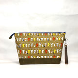 Train Ride Cats Olive XL Zipper Knitting Project Craft Bag with Detachable Leather Wrist Strap