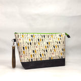 Laundry Cats Natural XL Zipper Knitting Project Craft Bag with Detachable Leather Wrist Strap