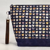 Cool Cats Navy XL Zipper Knitting Project Craft Bag with Detachable Leather Wrist Strap