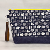 Cat Faces XL Zipper Knitting Project Craft Bag with Detachable Leather Wrist Strap