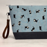 Tuxedo Cats XL Zipper Knitting Project Craft Bag with Detachable Leather Wrist Strap