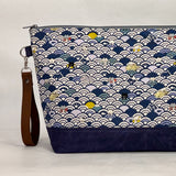 Ocean Waves Cats Navy XL Zipper Knitting Project Craft Bag with Detachable Leather Wrist Strap