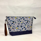Ocean Waves Cats Navy XL Zipper Knitting Project Craft Bag with Detachable Leather Wrist Strap