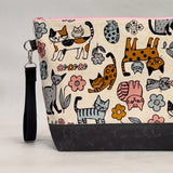 Scandinavian Cats XL Zipper Knitting Project Craft Bag with Detachable Leather Wrist Strap
