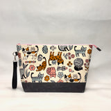 Scandinavian Cats XL Zipper Knitting Project Craft Bag with Detachable Leather Wrist Strap