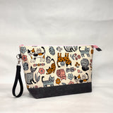 Scandinavian Cats XL Zipper Knitting Project Craft Bag with Detachable Leather Wrist Strap