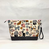 Scandinavian Cats XL Zipper Knitting Project Craft Bag with Detachable Leather Wrist Strap