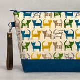 Simply Cats Blue Green Yellow XL Zipper Knitting Project Craft Bag with Detachable Leather Wrist Strap