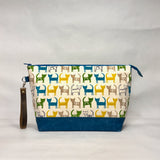 Simply Cats Blue Green Yellow XL Zipper Knitting Project Craft Bag with Detachable Leather Wrist Strap