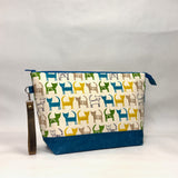 Simply Cats Blue Green Yellow XL Zipper Knitting Project Craft Bag with Detachable Leather Wrist Strap