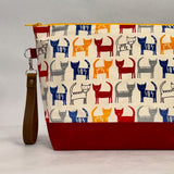 Simply Cats Red Yellow Royal XL Zipper Knitting Project Craft Bag with Detachable Leather Wrist Strap