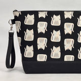 Maker Cats Black XL Zipper Knitting Project Craft Bag with Detachable Leather Wrist Strap
