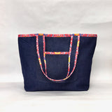 Red Floral Trim Denim Pocket XL BIG Tote Bag / Beach Bag