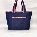 Red Floral Trim Denim Pocket XL BIG Tote Bag / Beach Bag