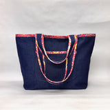 Red Floral Trim Denim Pocket XL BIG Tote Bag / Beach Bag