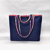 Red Floral Trim Denim Pocket XL BIG Tote Bag / Beach Bag