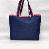 Red Floral Trim Denim Pocket XL BIG Tote Bag / Beach Bag