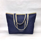 Green Floral Trim Denim Pocket XL BIG Tote Bag / Beach Bag