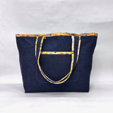 Mustard Floral Trim Laundered Denim Pocket XL BIG Tote Bag / Beach Bag