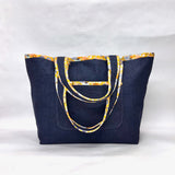 Mustard Floral Trim Laundered Denim Pocket XL BIG Tote Bag / Beach Bag