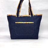 Mustard Floral Trim Laundered Denim Pocket XL BIG Tote Bag / Beach Bag