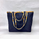 Mustard Floral Trim Laundered Denim Pocket XL BIG Tote Bag / Beach Bag