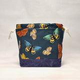 Butterflies Navy Large Drawstring Knitting Project Craft Bag