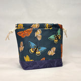 Butterflies Navy Large Drawstring Knitting Project Craft Bag