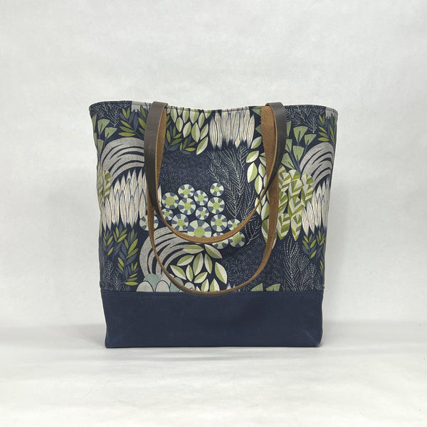 Garden Navy / Waxed Canvas Tote Bag with Leather Straps