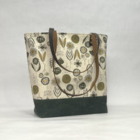 Flower Natural Gold / Waxed Canvas Tote Bag with Leather Straps