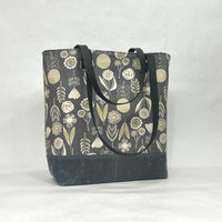 Flower Grey / Waxed Canvas Tote Bag with Leather Straps