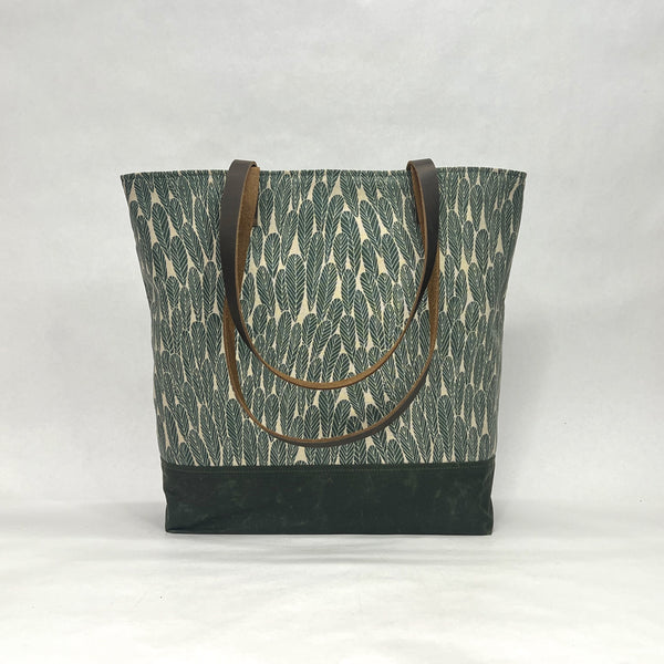 Leaf Teal / Waxed Canvas Tote Bag with Leather Straps