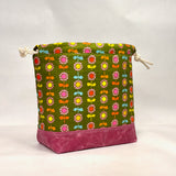 Daisy Stripe Green Large Drawstring Knitting Project Craft Bag