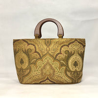 Tan Olive Damask Chenille Wide Oval Bottom Knitting Craft Tote Bag