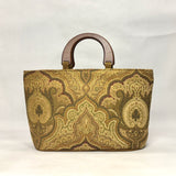 Tan Olive Damask Chenille Wide Oval Bottom Knitting Craft Tote Bag