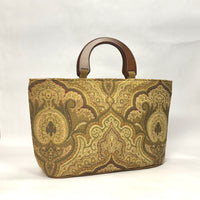 Tan Olive Damask Chenille Wide Oval Bottom Knitting Craft Tote Bag
