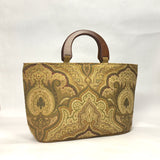 Tan Olive Damask Chenille Wide Oval Bottom Knitting Craft Tote Bag