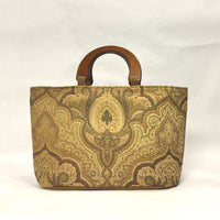 Tan Olive Damask Chenille Wide Oval Bottom Knitting Craft Tote Bag