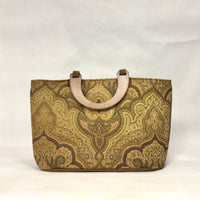 Tan Olive Damask Chenille Wide Oval Bottom Knitting Craft Tote Bag