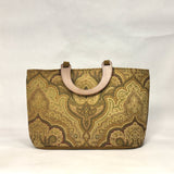 Tan Olive Damask Chenille Wide Oval Bottom Knitting Craft Tote Bag