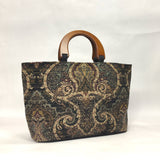 Black Damask Chenille Wide Oval Bottom Knitting Craft Tote Bag