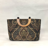 Black Damask Chenille Wide Oval Bottom Knitting Craft Tote Bag