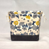 Knap Flowers Grey Navy Large Drawstring Knitting Project Craft Bag