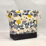 Knap Flowers Grey Navy Large Drawstring Knitting Project Craft Bag