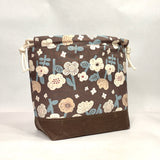 Knap Flowers Brown Navy Large Drawstring Knitting Project Craft Bag